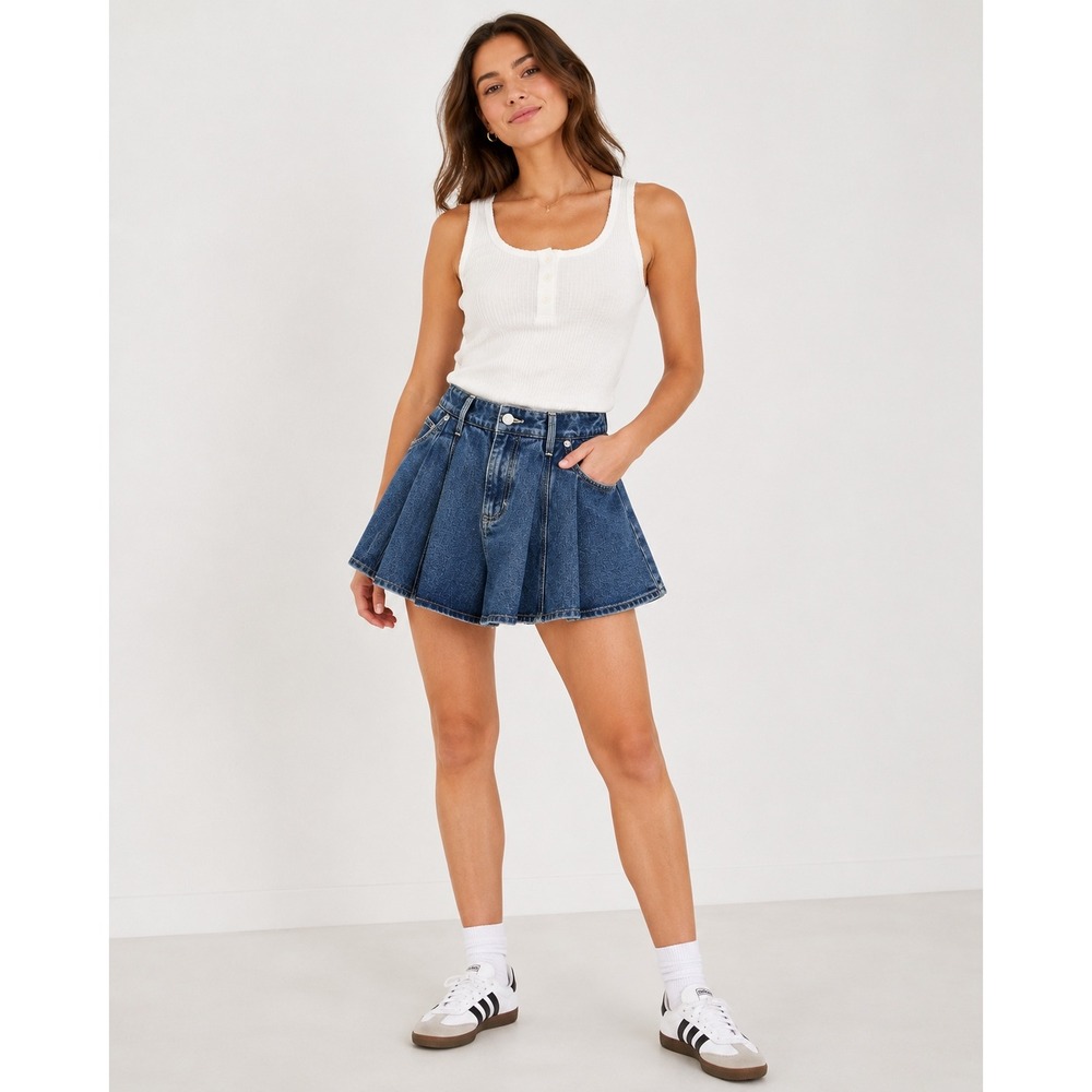 Sea New York Stasia Pleated Denim Shorts Blue Skort 4 NWT $295